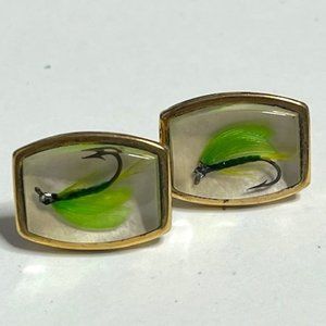 VTG Real Fly Fishing Hooks Lure Cufflinks Retro Fisherman's Gift GoldTone Lucite